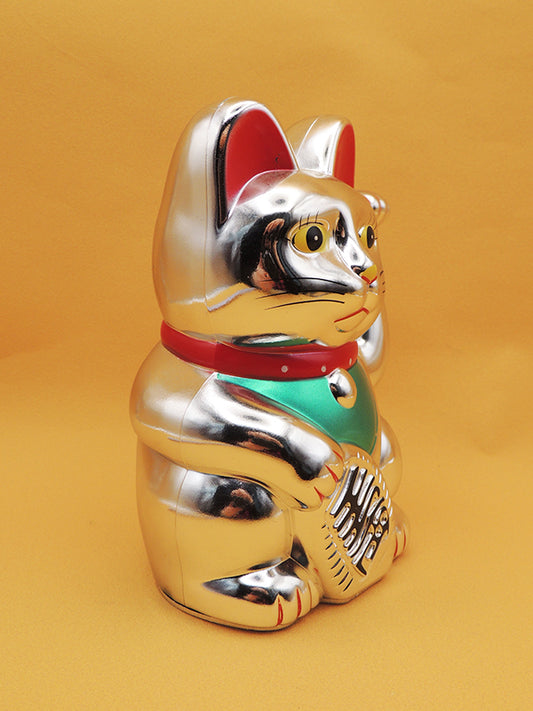 Maneki Neko - Chat Japonais Porte Bonheur - Figurine Argentée Avec Bras Mobile