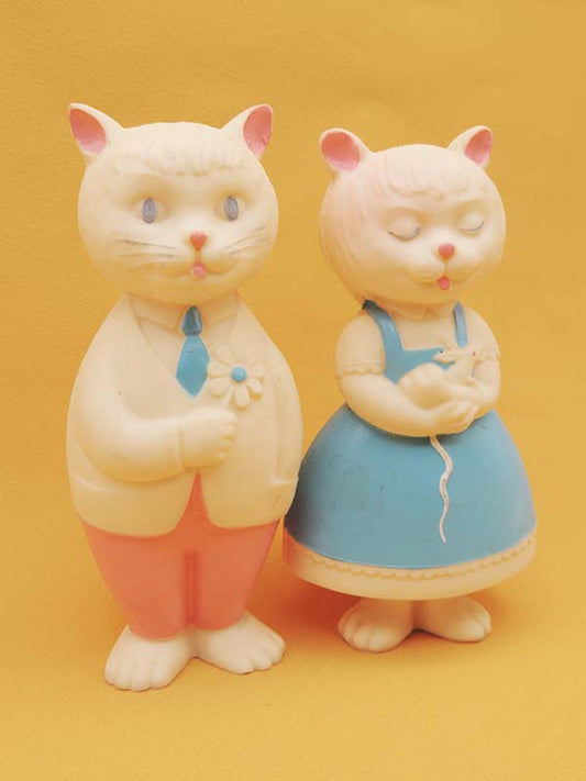 Couple Chat Bleu & Rose - Lot 2 Figurines Pouet Vintage Années 70's