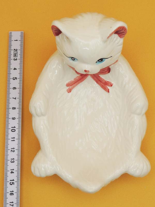 Porte Savon Kitsch - Chat Blanc Noeud Rose - Céramique