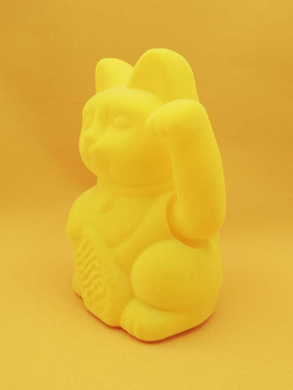 Maneki Neko - Chat Japonais Porte Bonheur - Figurine Jaune Velour Avec Bras Mobile