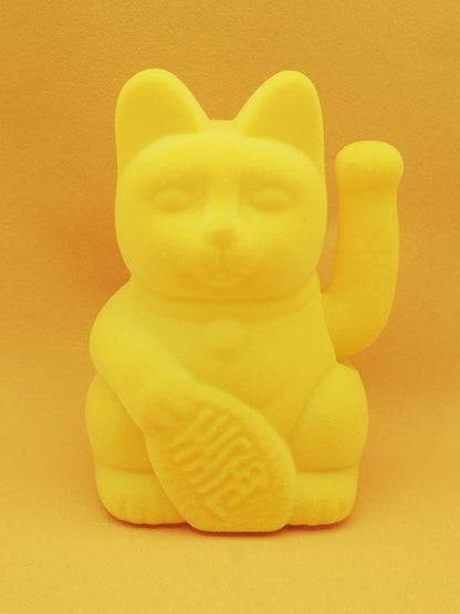 Maneki Neko - Chat Japonais Porte Bonheur - Figurine Jaune Velour Avec Bras Mobile