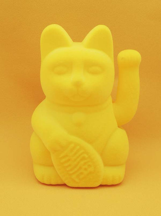 Maneki Neko - Chat Japonais Porte Bonheur - Figurine Jaune Velour Avec Bras Mobile
