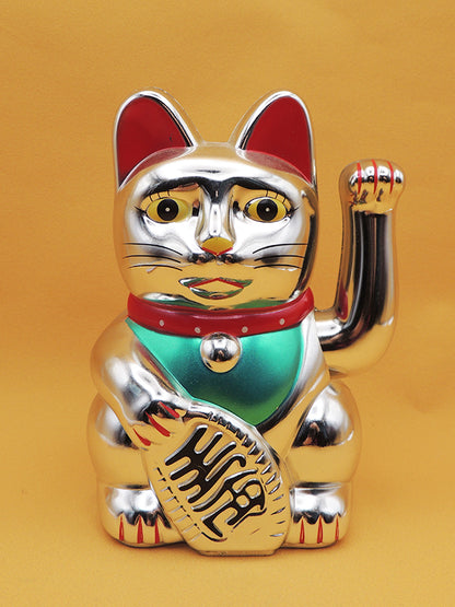 Maneki Neko - Chat Japonais Porte Bonheur - Figurine Argentée Avec Bras Mobile