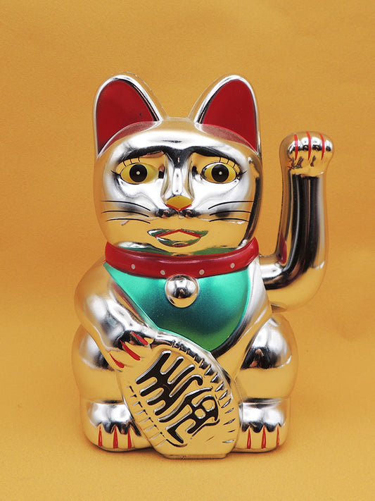 Maneki Neko - Chat Japonais Porte Bonheur - Figurine Argentée Avec Bras Mobile