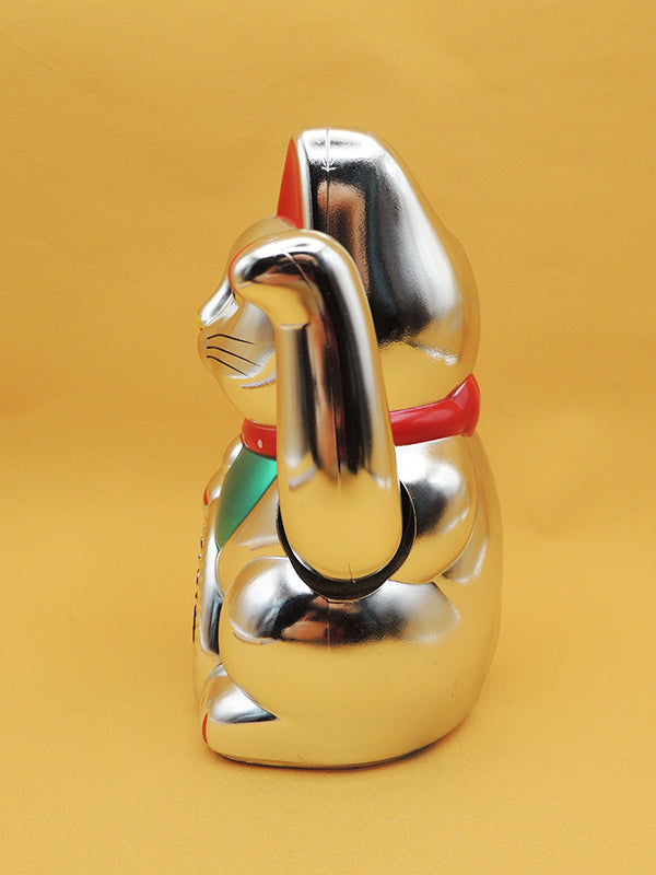 Maneki Neko - Chat Japonais Porte Bonheur - Figurine Argentée Avec Bras Mobile