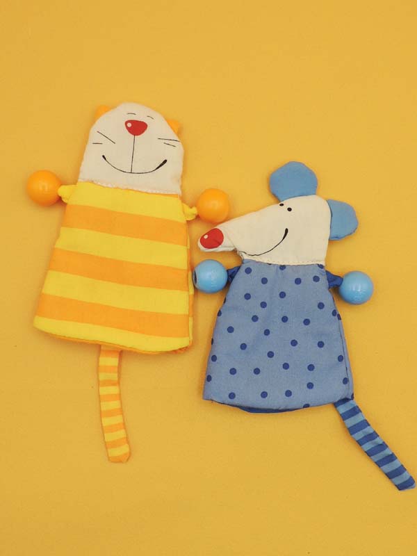 Duo Marionnettes Chat et Souris - Tissu Coloré Eveil Sensoriel