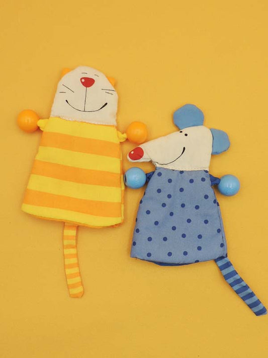 Duo Marionnettes Chat et Souris - Tissu Coloré Eveil Sensoriel