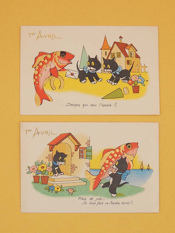 Illustration Chats Rétro - Poisson d'Avril Lot de 2 - Carte Postale Ancienne