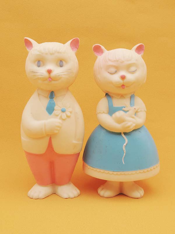 Couple Chat Bleu & Rose - Lot 2 Figurines Pouet Vintage Années 70's