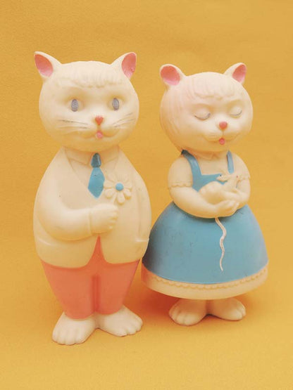 Couple Chat Bleu & Rose - Lot 2 Figurines Pouet Vintage Années 70's