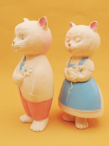 Couple Chat Bleu & Rose - Lot 2 Figurines Pouet Vintage Années 70's
