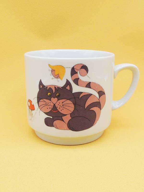Mug Chat & Fleur - Porcelaine Monopoli Vintage Années 70
