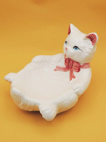 Porte Savon Kitsch - Chat Blanc Noeud Rose - Céramique