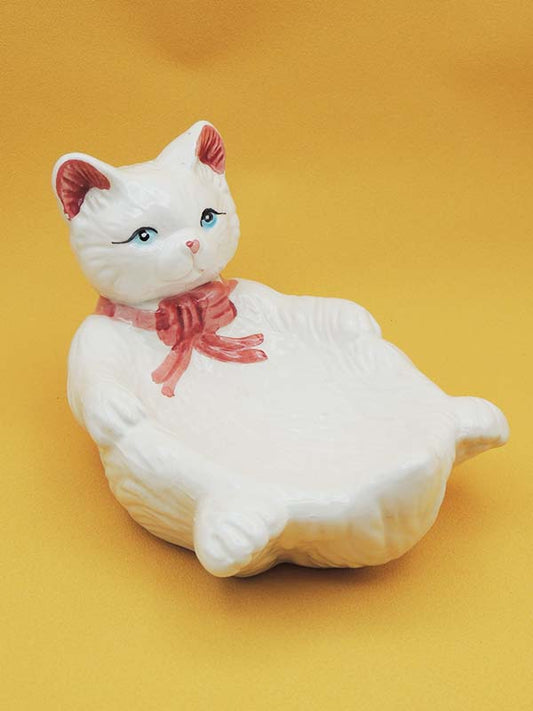 Porte Savon Kitsch - Chat Blanc Noeud Rose - Céramique